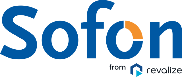 Logo with the word Sofon in blue, featuring a stylized o with orange and blue segments, and the text from revalize below with a hexagon graphic.