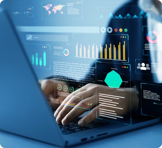 Hands typing on a laptop keyboard with virtual data analytics dashboards, charts, and a CPQ proposal generator projected above the screen.