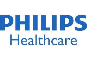 Philips Healthcare logo with PHILIPS in large blue letters above Healthcare in smaller blue letters on a white background.