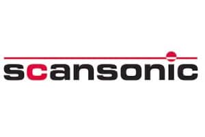 The Scansonic logo features the brand name in black lowercase letters with a red horizontal line and a red circle above the letter o.
